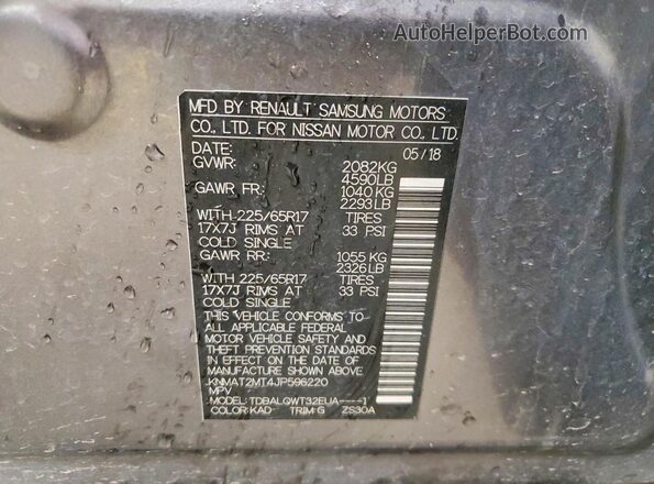 KNMAT2MT4JP596220 2018 NISSAN ROGUE Gray VIN sticker view