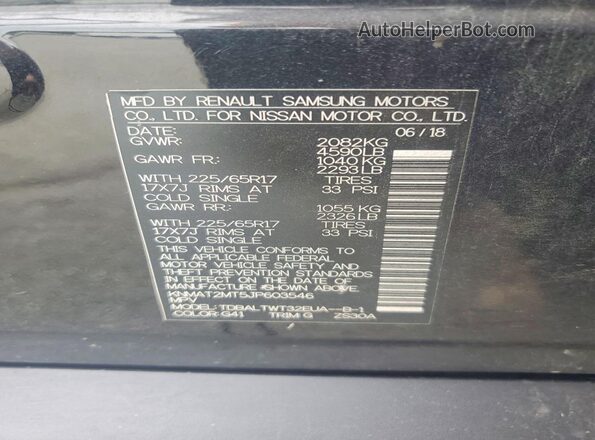 KNMAT2MT5JP603546 2018 NISSAN ROGUE Black VIN კოდის სტიკერის ხედი