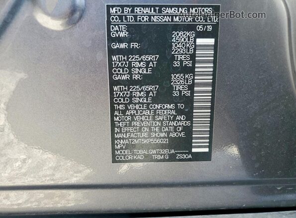 KNMAT2MT5KP556021 2019 NISSAN ROGUE Серый Вид наклейки с VIN-кодом