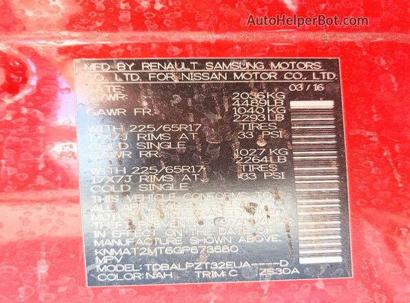 KNMAT2MT6GP673680 2016 NISSAN ROGUE Red Vista de la etiqueta del VIN