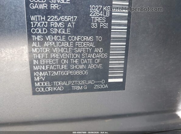 KNMAT2MT6GP698806 2016 NISSAN ROGUE Gray Widok komory silnika