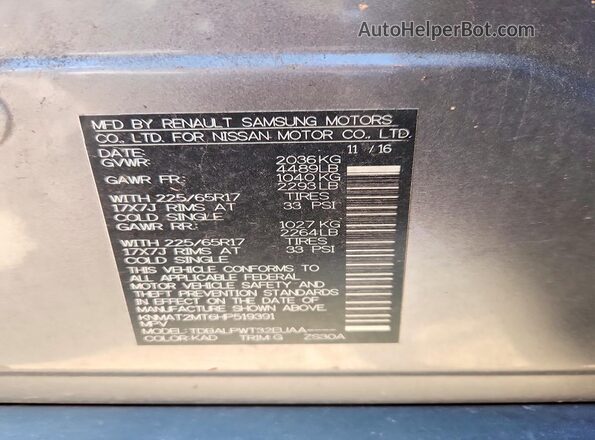 KNMAT2MT6HP519391 2017 NISSAN ROGUE Gray VIN კოდის სტიკერის ხედი