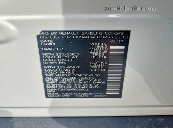KNMAT2MT6HP609902 2017 NISSAN ROGUE White VIN sticker view