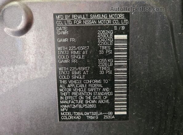 KNMAT2MT6LP528911 2020 NISSAN ROGUE Gray Vista de la etiqueta del VIN