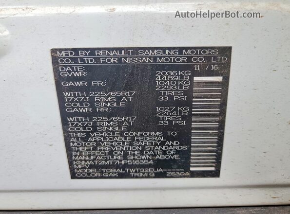 KNMAT2MT7HP516354 2017 NISSAN ROGUE White Vista de la etiqueta del VIN