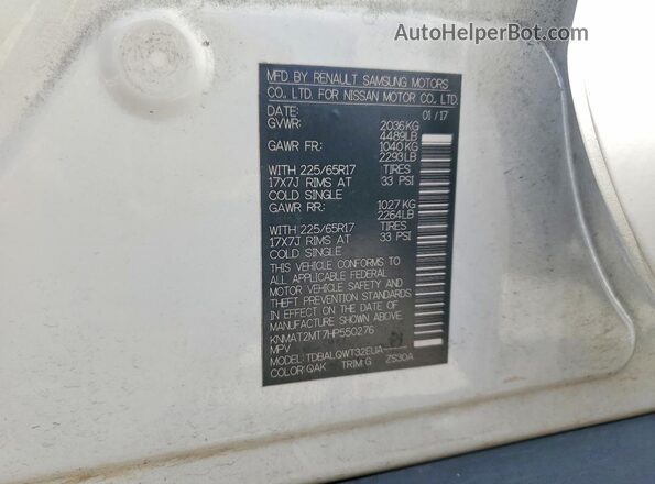 KNMAT2MT7HP550276 2017 NISSAN ROGUE White Vista de la etiqueta del VIN