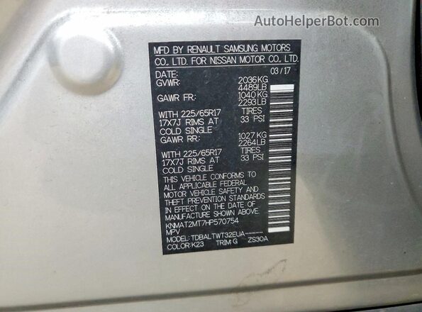 KNMAT2MT7HP570754 2017 NISSAN ROGUE Silver VIN sticker view