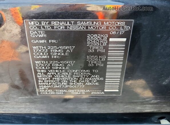 KNMAT2MT7JP501777 2018 NISSAN ROGUE Black VIN კოდის სტიკერის ხედი