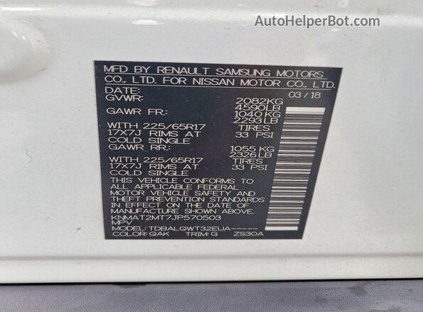 KNMAT2MT7JP570503 2018 NISSAN ROGUE White VIN sticker view