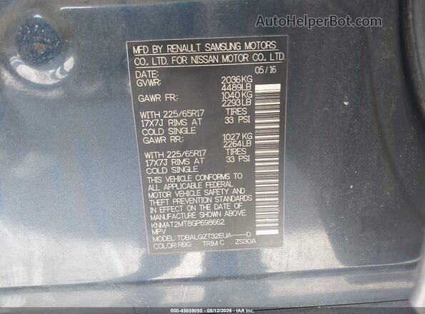 KNMAT2MT8GP698662 2016 NISSAN ROGUE Blue ძრავის განყოფილების ხედი