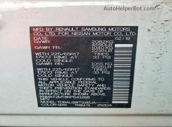 KNMAT2MT8KP541268 2019 NISSAN ROGUE White Widok naklejki z numerem VIN