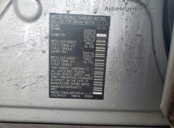 KNMAT2MT8KP558572 2019 NISSAN ROGUE Silver Widok naklejki z numerem VIN