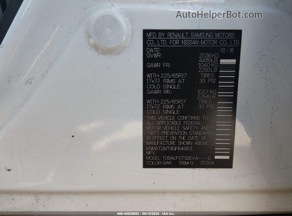 KNMAT2MT9GP649101 2016 NISSAN ROGUE White Շարժիչի բաժամունքի տեսք