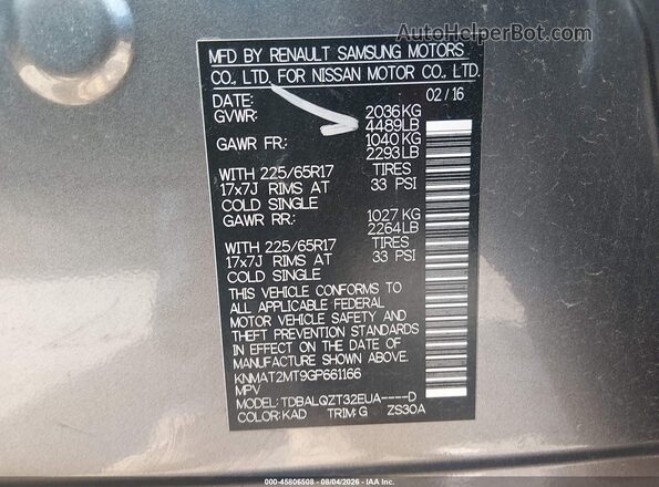 KNMAT2MT9GP661166 2016 NISSAN ROGUE Gray Widok komory silnika
