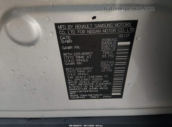 KNMAT2MT9HP565331 2017 NISSAN ROGUE Silver Շարժիչի բաժամունքի տեսք