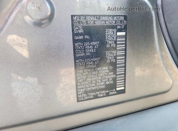 KNMAT2MT9HP575910 2017 NISSAN ROGUE Gray VIN կոդի պիտակի տեսք