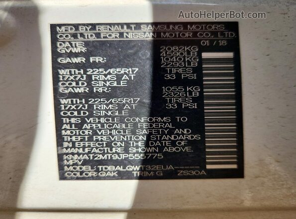KNMAT2MT9JP555775 2018 NISSAN ROGUE White Вид наклейки з VIN-кодом