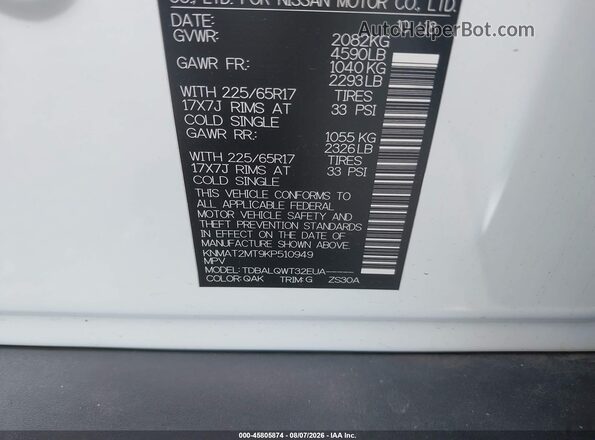 KNMAT2MT9KP510949 2019 NISSAN ROGUE White Vista del compartimento del motor