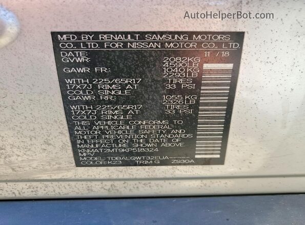 KNMAT2MT9KP518324 2019 NISSAN ROGUE Silver VIN sticker view