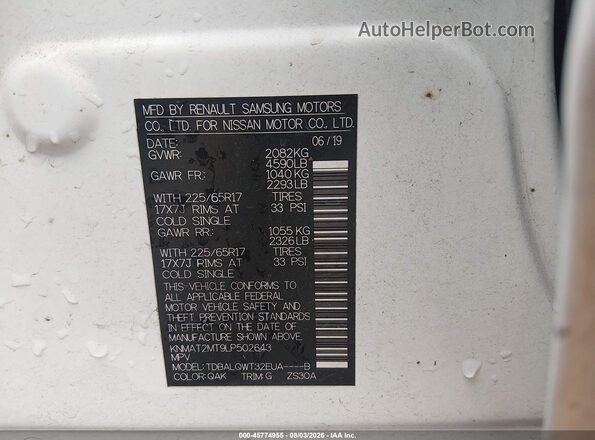 KNMAT2MT9LP502643 2020 NISSAN ROGUE White Вид підкапотного простору