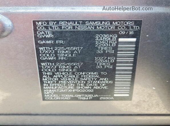 KNMAT2MTXHP502092 2017 NISSAN ROGUE Gray VIN sticker view