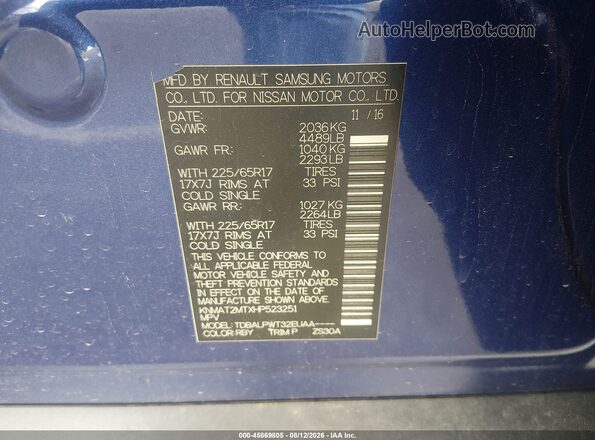 KNMAT2MTXHP523251 2017 NISSAN ROGUE Blue Շարժիչի բաժամունքի տեսք