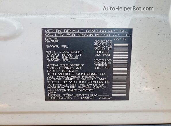 KNMAT2MTXKP545578 2019 NISSAN ROGUE White Widok wnętrza 360 stopni