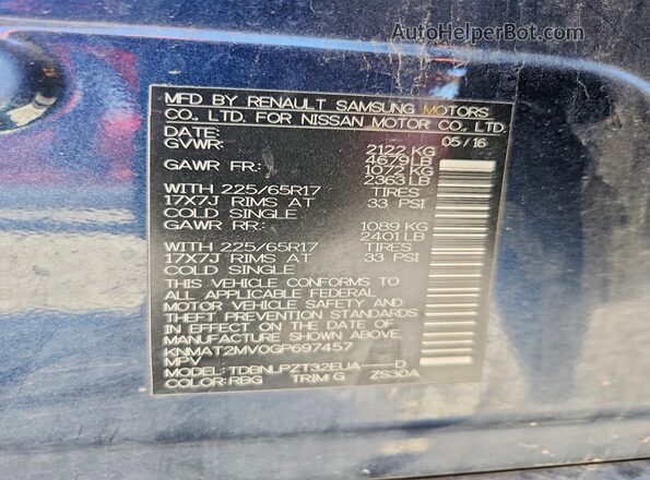 KNMAT2MV0GP697457 2016 NISSAN ROGUE Blue Widok naklejki z numerem VIN