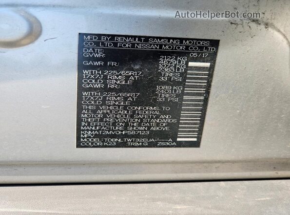 KNMAT2MV0HP587123 2017 NISSAN ROGUE Silver VIN კოდის სტიკერის ხედი