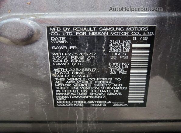 KNMAT2MV0KP515197 2019 NISSAN ROGUE Silver VIN კოდის სტიკერის ხედი
