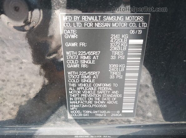 KNMAT2MV0LP503536 2020 NISSAN ROGUE Black Շարժիչի բաժամունքի տեսք