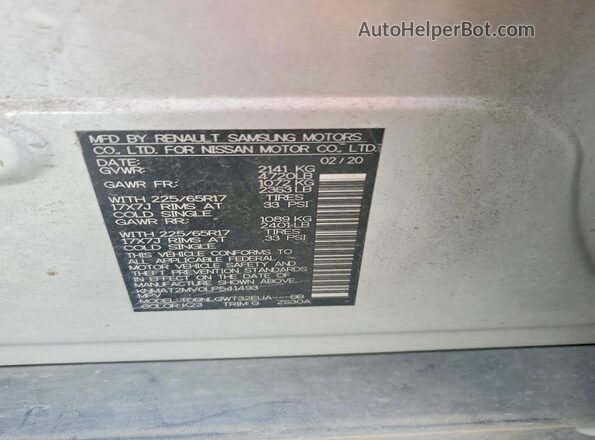 KNMAT2MV0LP541493 2020 NISSAN ROGUE Silver Панорамний вид салону 360°