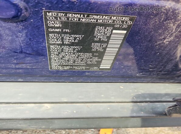 KNMAT2MV0LP543163 2020 NISSAN ROGUE Blue Вид наклейки з VIN-кодом