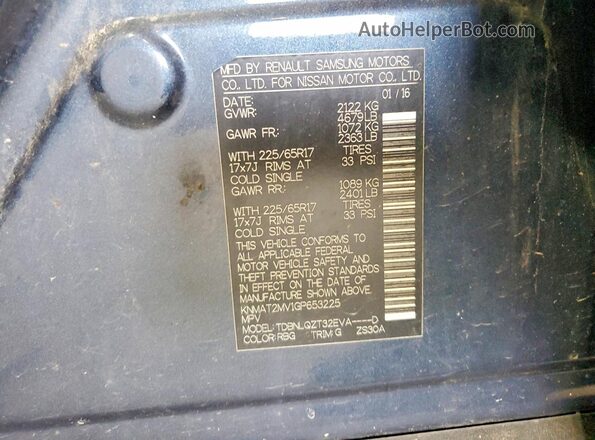 KNMAT2MV1GP653225 2016 NISSAN ROGUE Charcoal Widok naklejki z numerem VIN