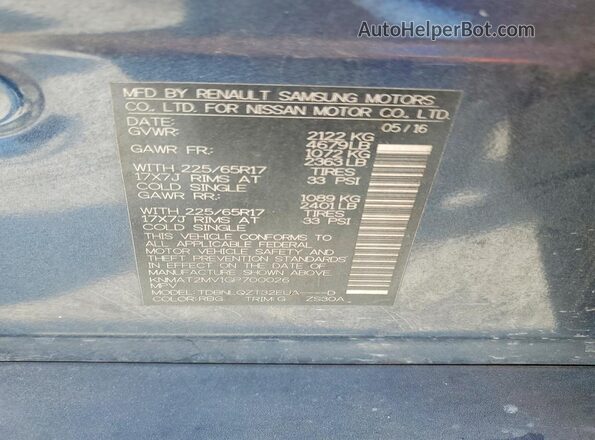 KNMAT2MV1GP700026 2016 NISSAN ROGUE Blue Widok naklejki z numerem VIN