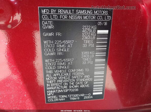 KNMAT2MV1GP702116 2016 NISSAN ROGUE Red Շարժիչի բաժամունքի տեսք