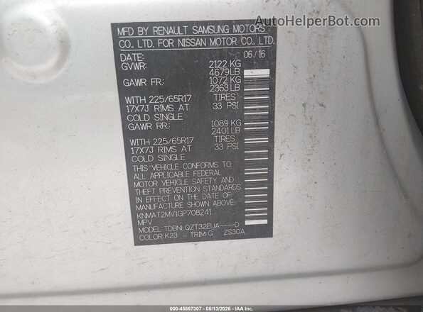 KNMAT2MV1GP708241 2016 NISSAN ROGUE Silver ძრავის განყოფილების ხედი