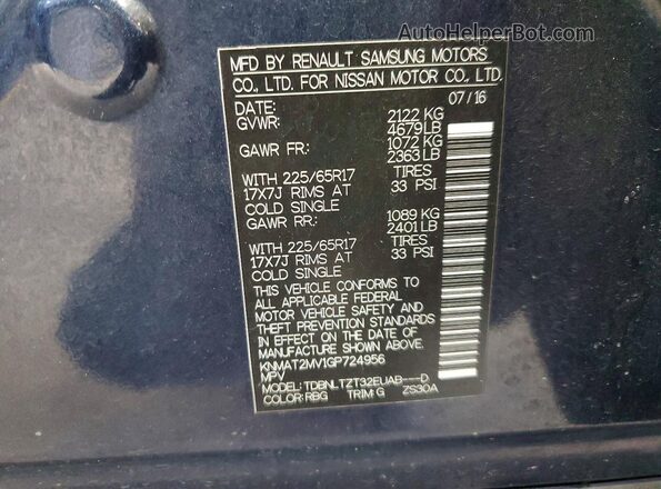 KNMAT2MV1GP724956 2016 NISSAN ROGUE Blue Widok naklejki z numerem VIN