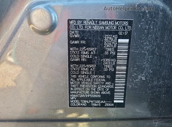 KNMAT2MV1HP558939 2017 NISSAN ROGUE Gray VIN կոդի պիտակի տեսք