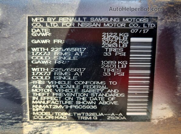 KNMAT2MV1HP605936 2017 NISSAN ROGUE Gray VIN კოდის სტიკერის ხედი