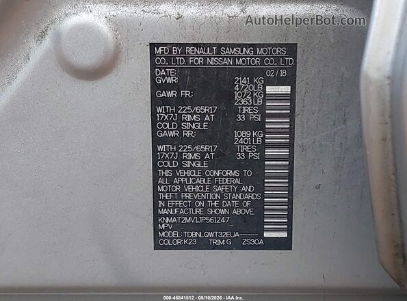 KNMAT2MV1JP561247 2018 NISSAN ROGUE Silver Вид підкапотного простору