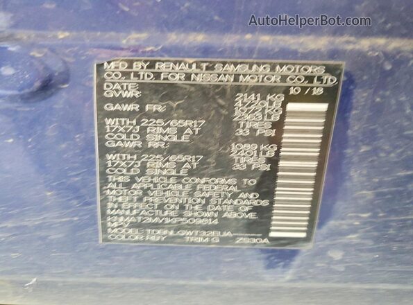 KNMAT2MV1KP509814 2019 NISSAN ROGUE Blue Vista de la etiqueta del VIN