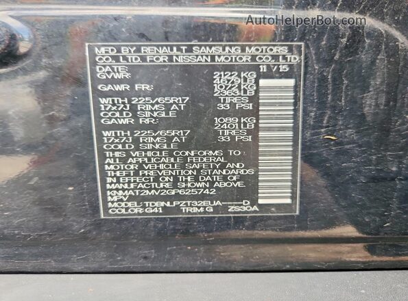 KNMAT2MV2GP625742 2016 NISSAN ROGUE Black Vista de la etiqueta del VIN