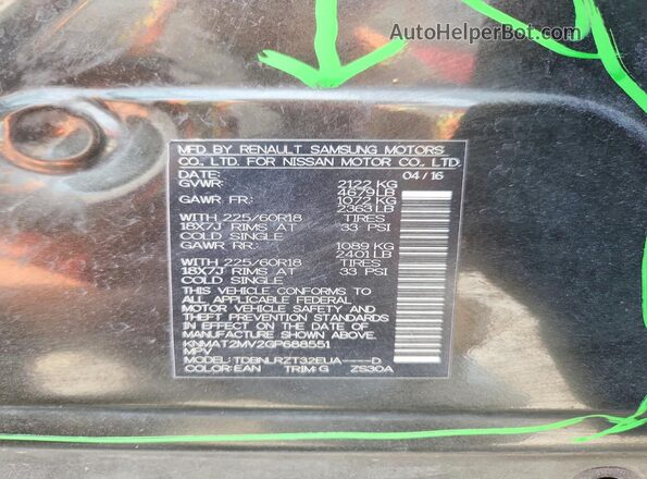 KNMAT2MV2GP688551 2016 NISSAN ROGUE Green Սալոնի 360 աստիճան տեսք