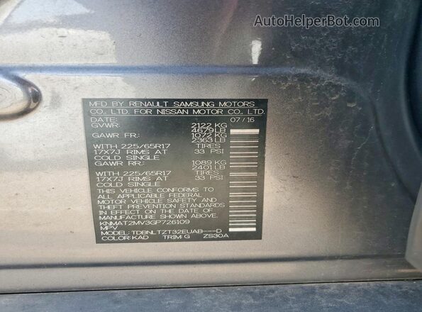 KNMAT2MV3GP726109 2016 NISSAN ROGUE Серый Вид наклейки с VIN-кодом
