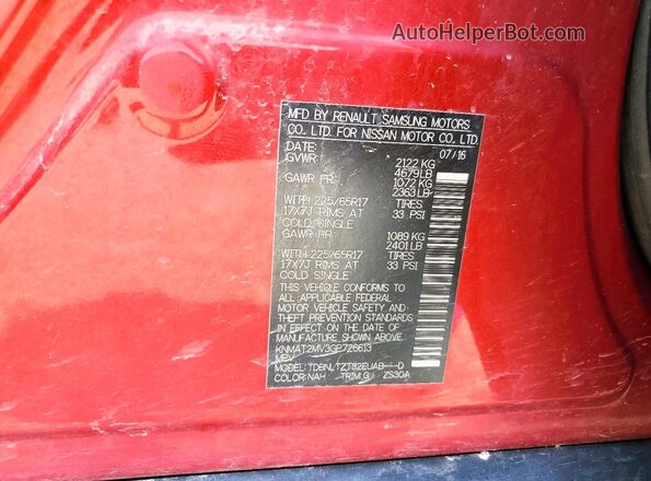 KNMAT2MV3GP726613 2016 NISSAN ROGUE Красный Вид наклейки с VIN-кодом