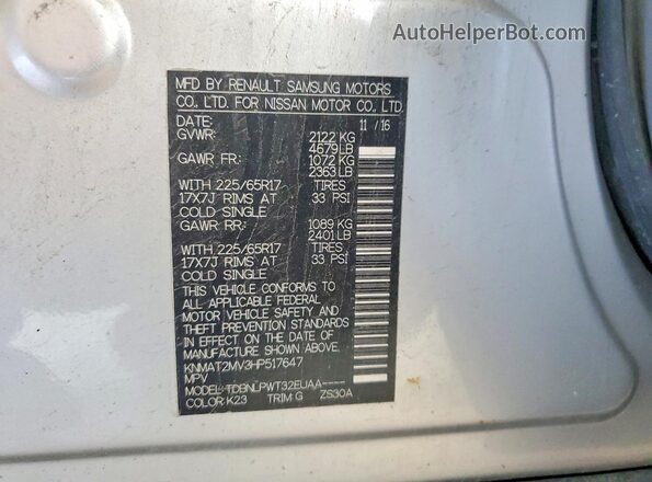 KNMAT2MV3HP517647 2017 NISSAN ROGUE Silver Widok naklejki z numerem VIN