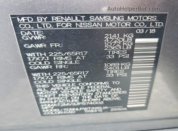 KNMAT2MV3JP574002 2018 NISSAN ROGUE Gray VIN կոդի պիտակի տեսք