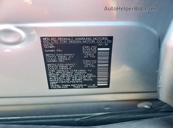 KNMAT2MV3LP517673 2020 NISSAN ROGUE Silver VIN կոդի պիտակի տեսք