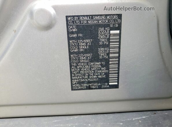 KNMAT2MV3LP522307 2020 NISSAN ROGUE Silver VIN კოდის სტიკერის ხედი